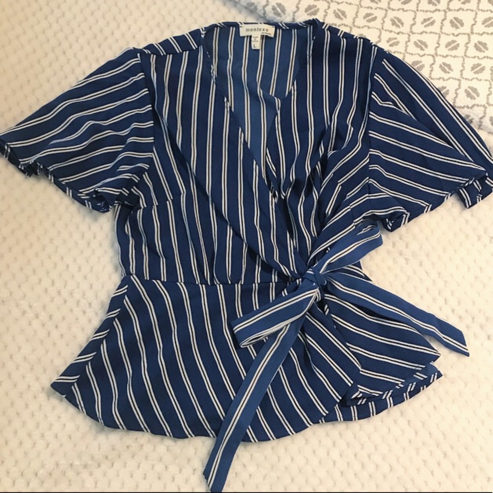 Blue striped wrap and tie top